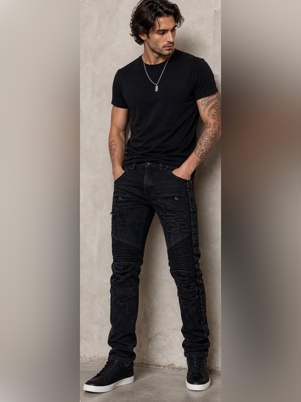 Decibel Men’s Black Distressed Biker Jeans Rhinestone Side Stripe Skinny 28